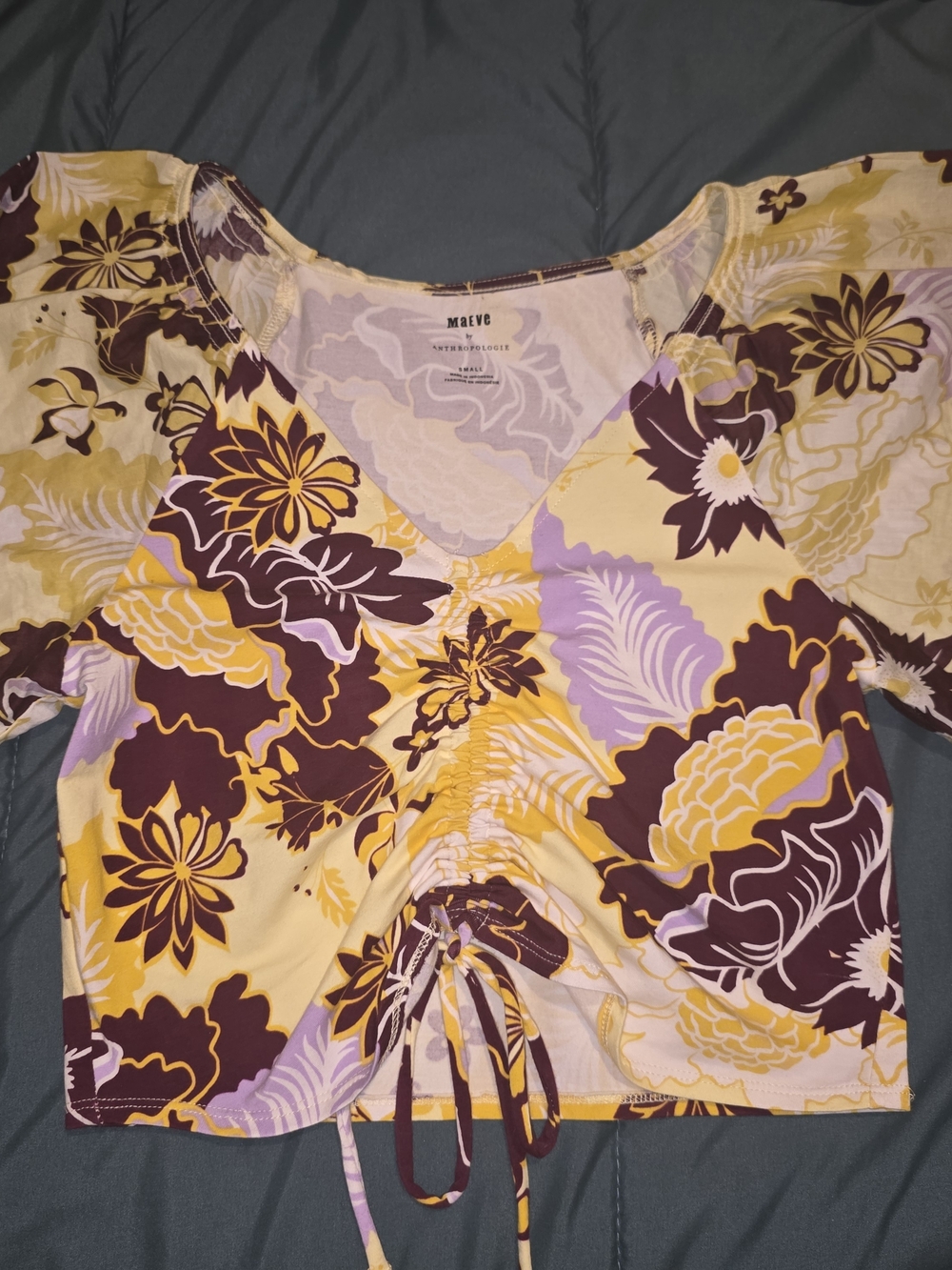 Anthropologie Yellow Purple Floral Ruched Crop Top